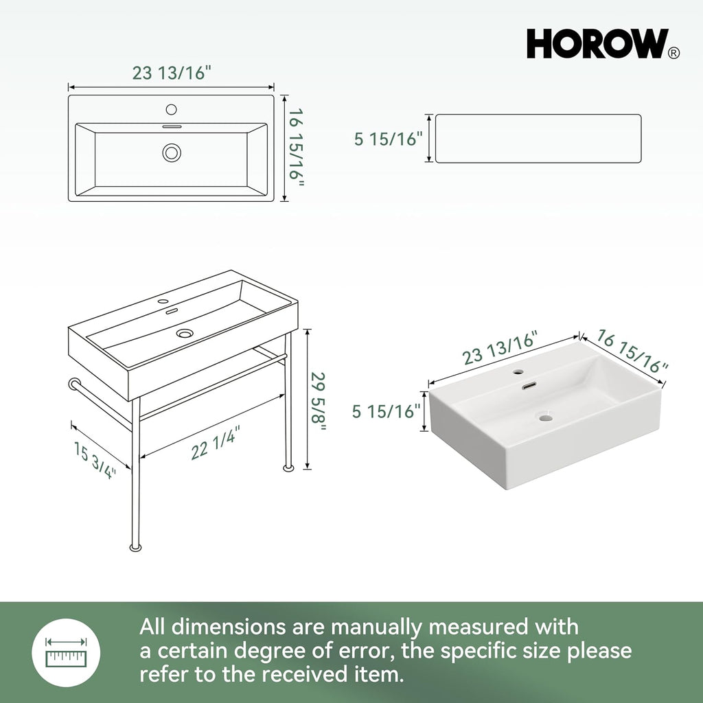 HOROW 24" x 17" Console Bathroom Sink with Stainless Steel Support Pedestal Legs, Free Standing Vanity Basin, Wall-Mount Modern Rectangular Ceramic Sink Porcelain, Matte Black