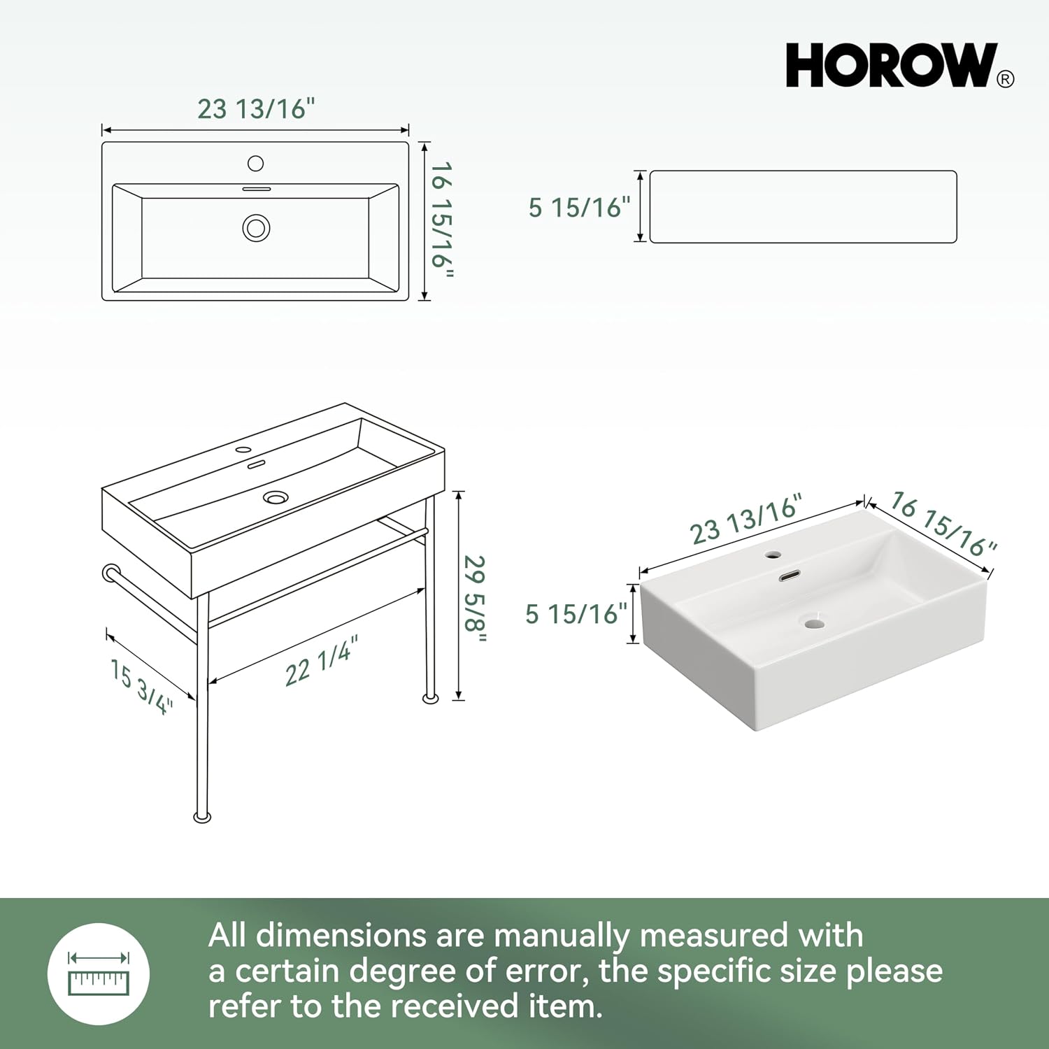 HOROW 24" x 17" Console Bathroom Sink with Stainless Steel Support Pedestal Legs, Free Standing Vanity Basin, Wall-Mount Modern Rectangular Ceramic Sink Porcelain, Matte Black