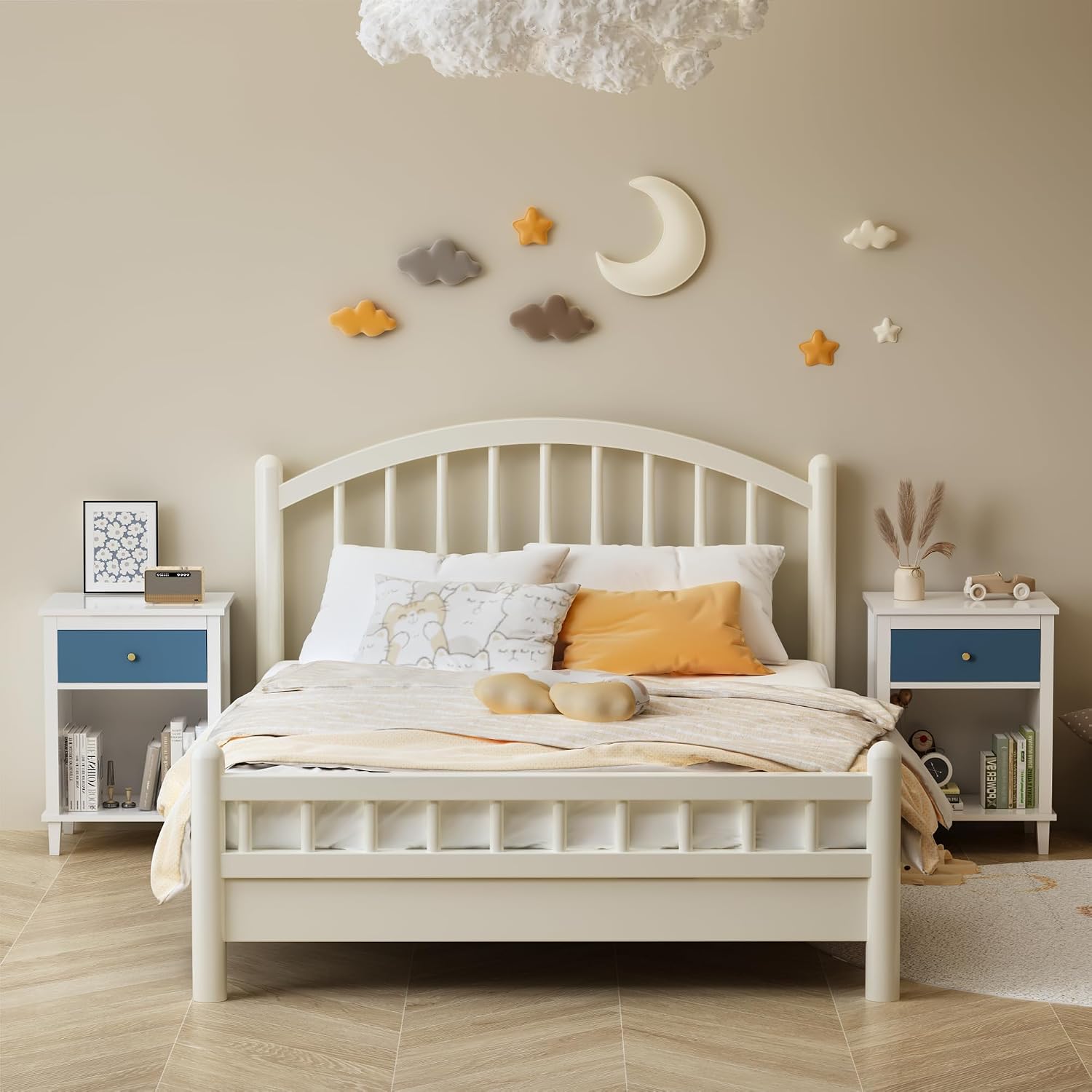 Nightstand with One Drawer & Open Storage Shelf, Modern Wooden Bedside Table for Kids, 26.77''H End Table for Living Room, Bedroom, Toddler Nightstand for Boys and Girls, White+Navy