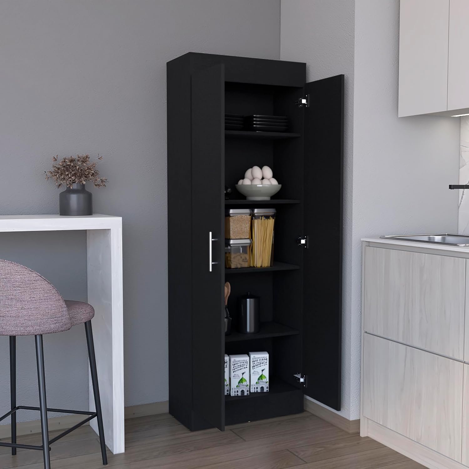Modern Kitchen Pantry, Storage Cabinet Clinton, Black, Engineered Wood, for Dining Room, Easy to Clean