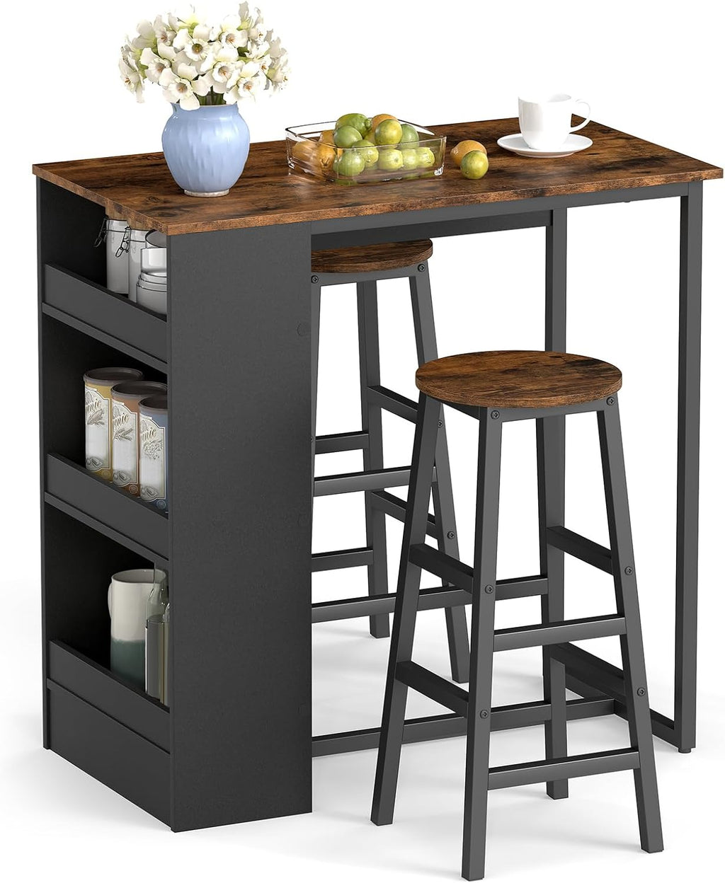 COSTWAY 3-Piece Bar Table Set, 36" Counter Height Breakfast Table with 3 Storage Shelves & 2 Round Stools, Rectangular Kitchen Table Set for 2, for Dining Room, Living Room, Rustic Brown and Black