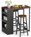 COSTWAY 3-Piece Bar Table Set, 36" Counter Height Breakfast Table with 3 Storage Shelves & 2 Round Stools, Rectangular Kitchen Table Set for 2, for Dining Room, Living Room, Rustic Brown and Black