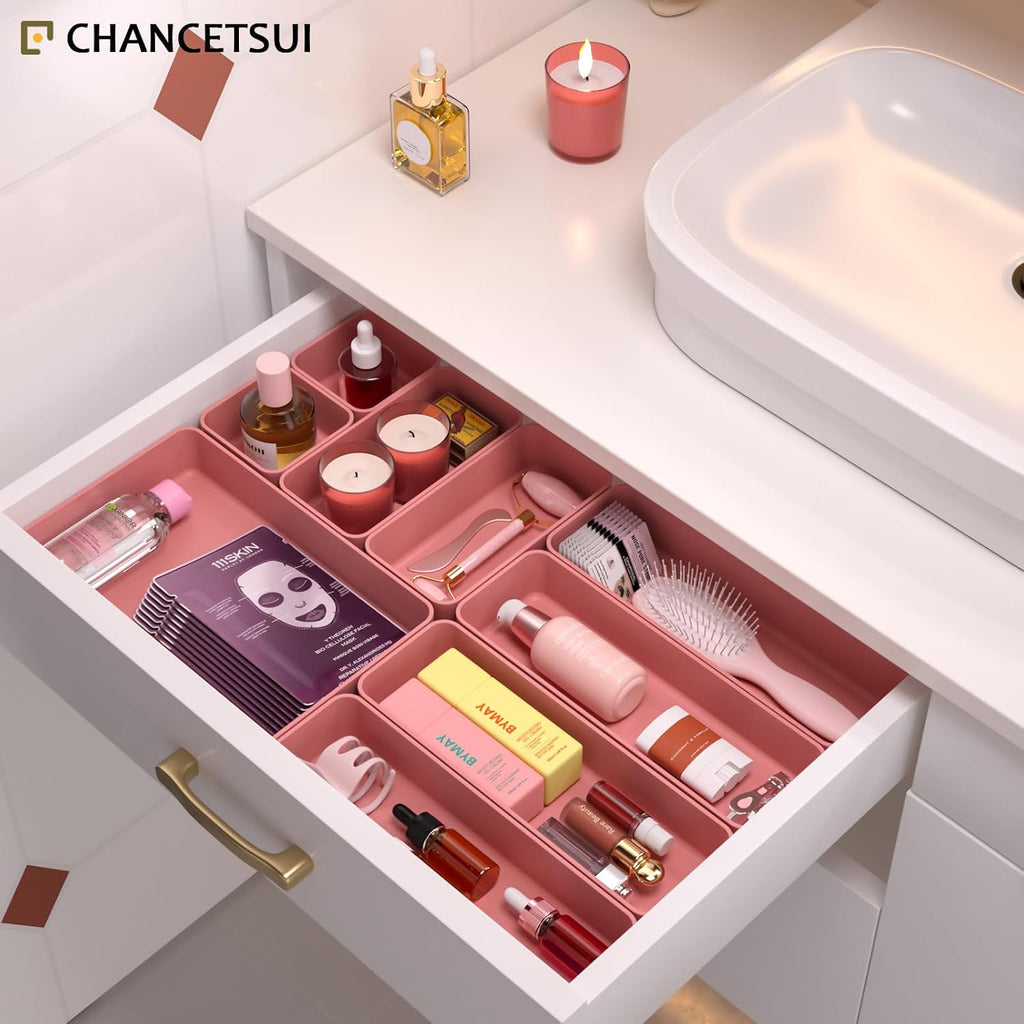 9 Pcs Stackable Drawer Organizer Trays Set, Multifunctional Stackable Storage Trays for Vanity, Bathroom, Kitchen, Desk Drawer Organizer Office. Plastic Drawer Organizers Available In 5 Colours, Rose