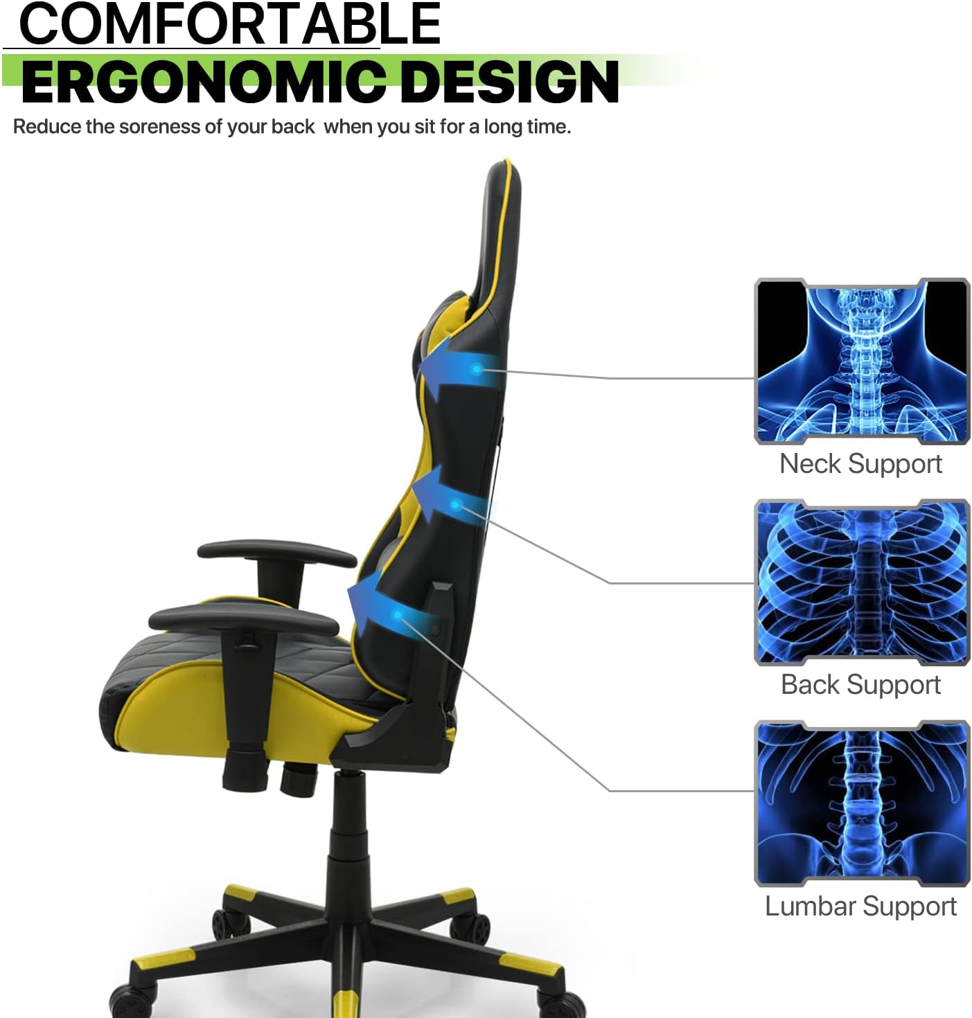 Magshion Gaming Chair, 90°-130° Reclining High-Back Gaming Chair with Lumbar Support, Ergonomic Adult Adjustable-Height Recliner for Home Office, 250 LBS Capacity, Yellow