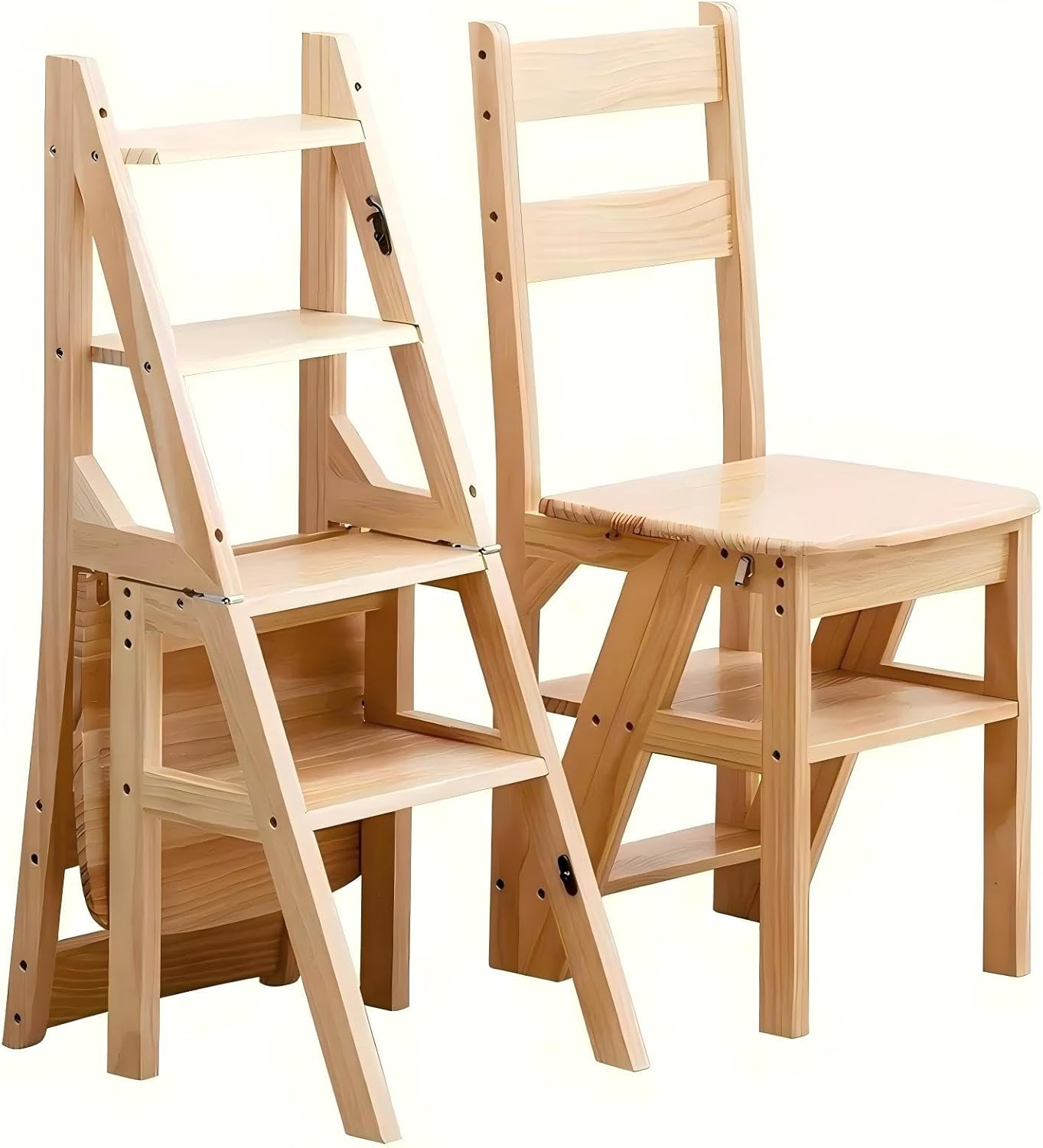 4 Tier Folding Step Ladder, 3-in-1 Wooden Folding Ladder Chair, Portable Multi-Function Step Stool, 198 lbs Capacity Indoor and Outdoor Display Rack Flower Rack,for Library,Home,Kitchen (Wood color)