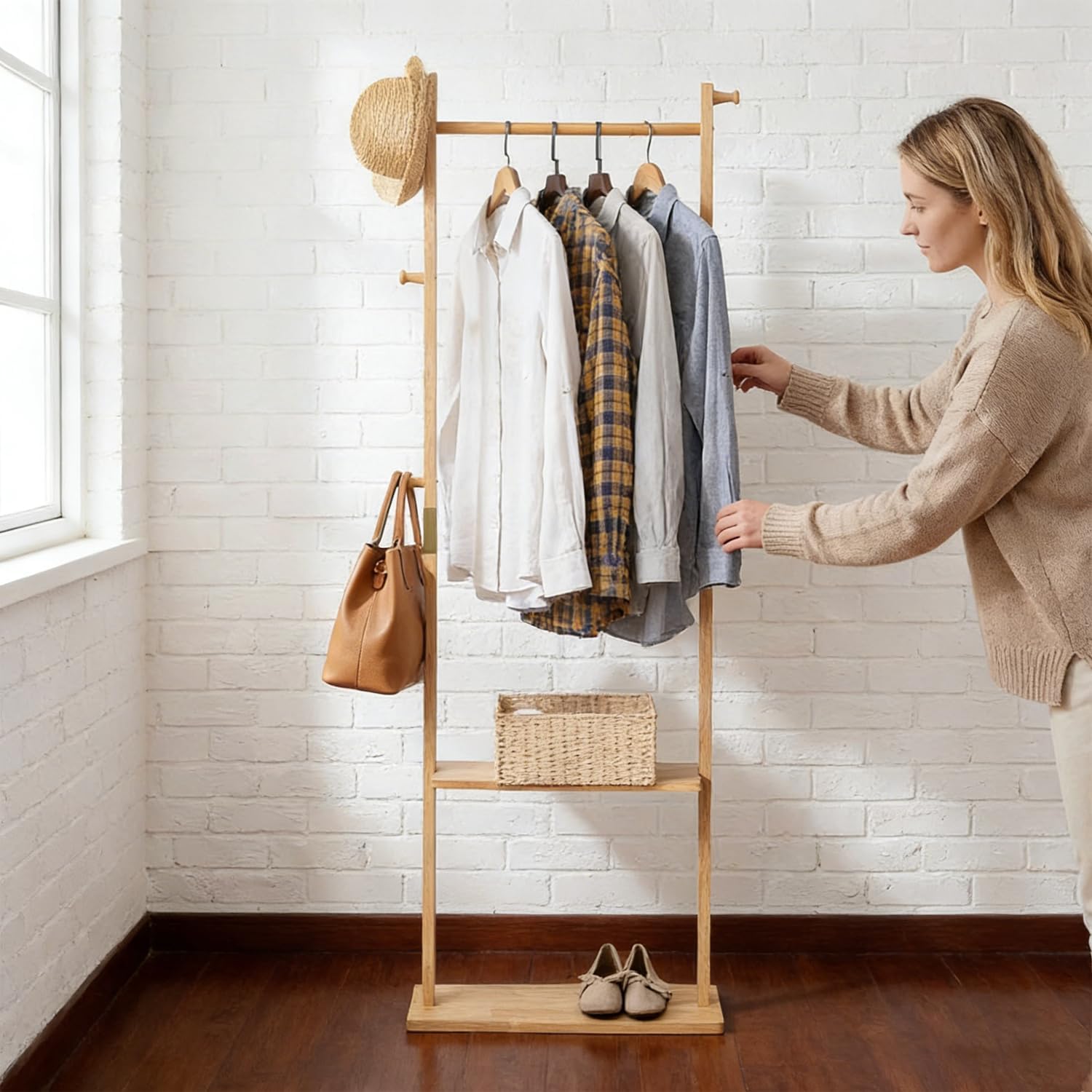 latifolia Clothes rack, Solid Wood Clothing Rack Witch Hooks and Shelves, 23.6 inch Garment rack With Storaege for Living Room, Nature