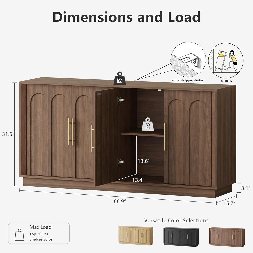FORTUNETEC Sideboard Buffet Cabinet with Storage, Mid Century Modern Accent Cabinet with Arched Doors, Modular Media Console, Minimalist Credenza for Living Room Kitchen Dining Room Entryway, Walnut