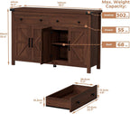 VVFLU Buffet Cabinet with Storage Farmhouse with 4 Doors and 2 Drawers, 55'' Large Kitchen Storage Cabinet Cherry Wood Coffee Bar Buffet Sideboard for Kitchen, Dining Room, Living Room