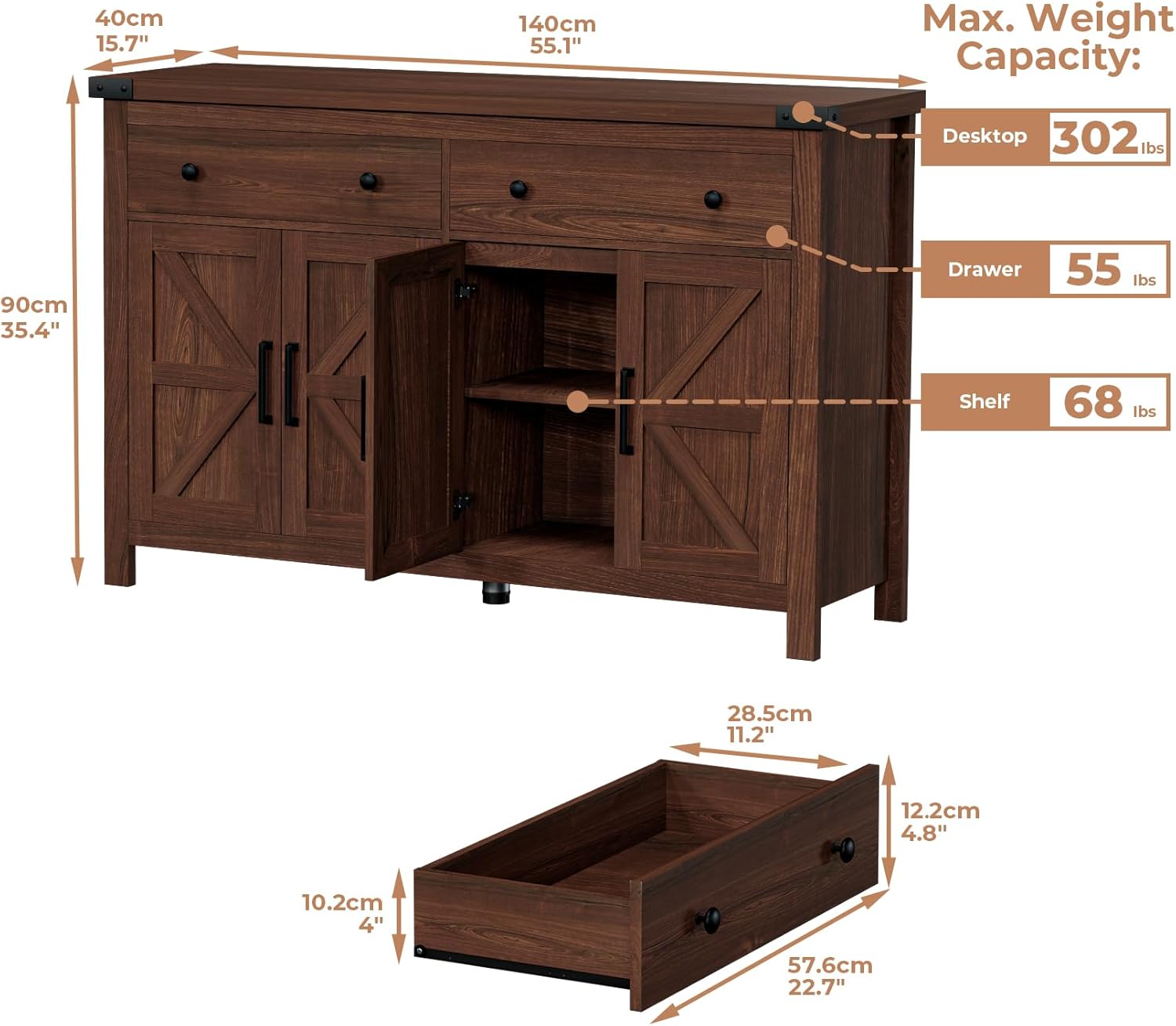 VVFLU Buffet Cabinet with Storage Farmhouse with 4 Doors and 2 Drawers, 55'' Large Kitchen Storage Cabinet Cherry Wood Coffee Bar Buffet Sideboard for Kitchen, Dining Room, Living Room