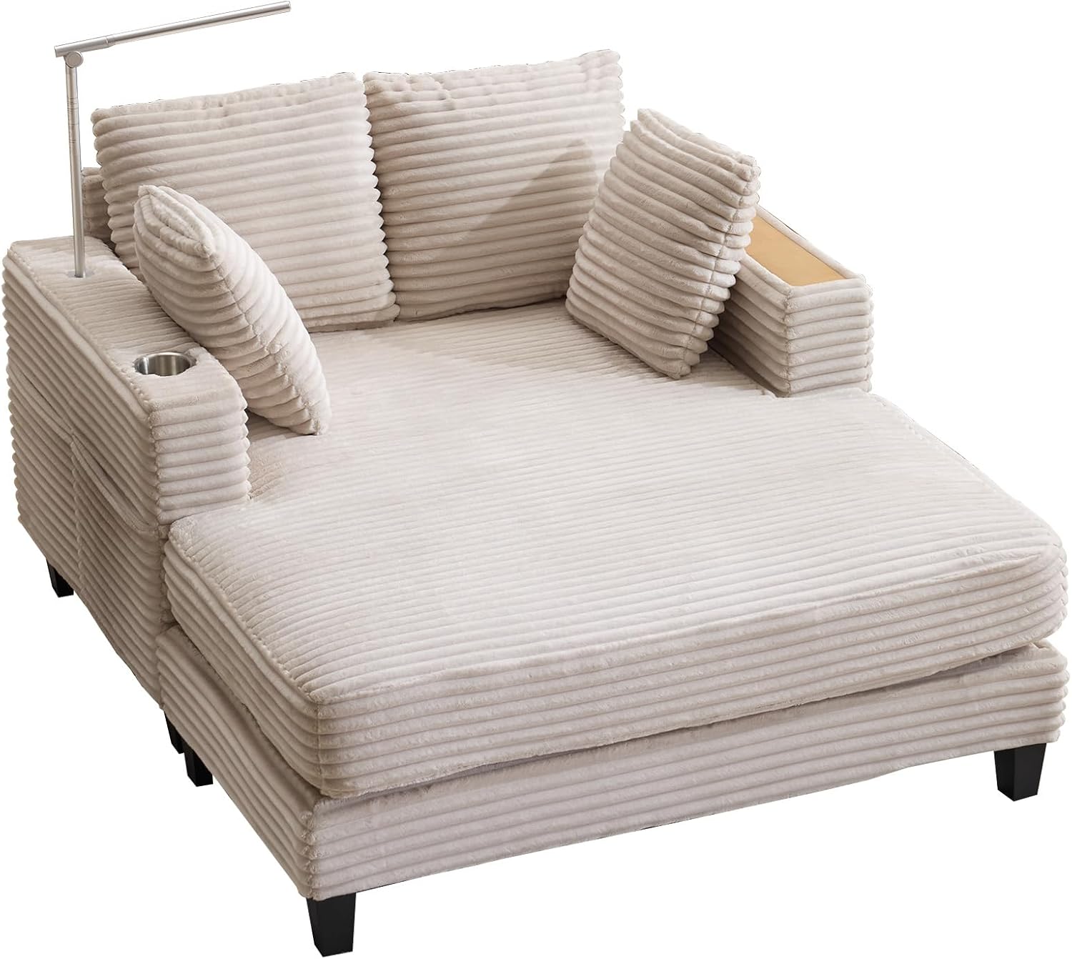 AEDI Oversized Chaise Lounge Chair with Reading Light & USB Charging,Sleeper Sofa with Cup Holder, Solid Wood Frame,for Living Room,Bedroom(Corduroy Beige)