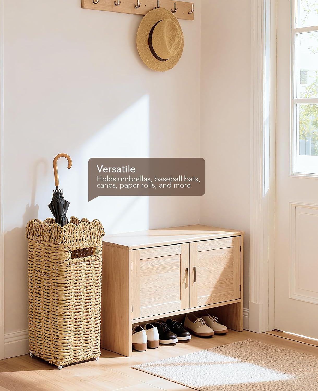 AceList Woven Umbrella Stand for Entryway, PE Rattan with Drip Tray | Scalloped cane holder for umbrellas, walking sticks & wrapping paper, farmhouse porch decor, removable base, sturdy 16.5 inch