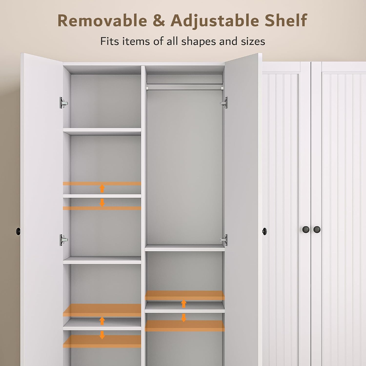 iPormis 4 Doors Armoire Wardrobe Closet with 2 Drawers, 63" Large Wardrobe Cabinet with Removable Hanging Rods and Adjustable Shelves, Closet Storage Cabinet for Bedroom, Cloak Room, White