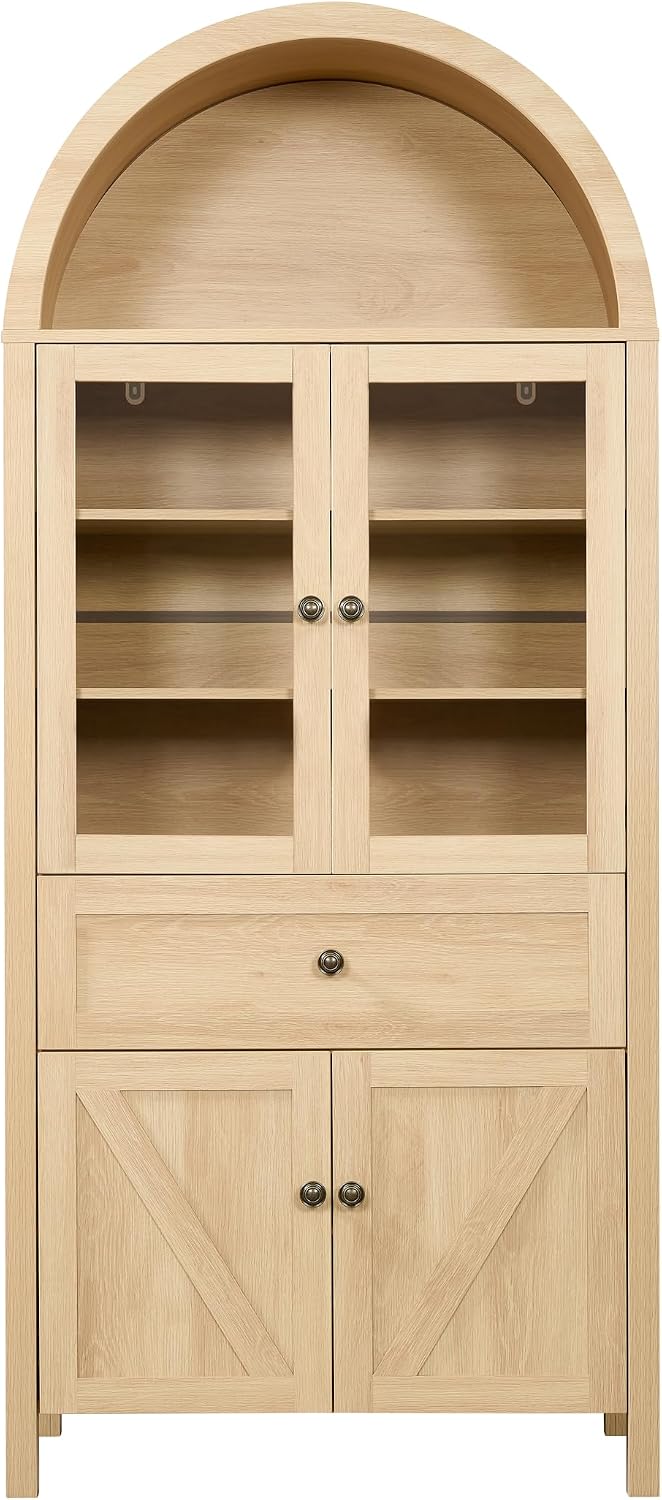 71" Retro Arched Kitchen Pantry Cabinet, Tall Storage Cabinet with Drawer, Wood Cabinets with Doors and Shelves, Standing Utility Cabinets for Kitchen, Dining Room, Living Room (Natural)