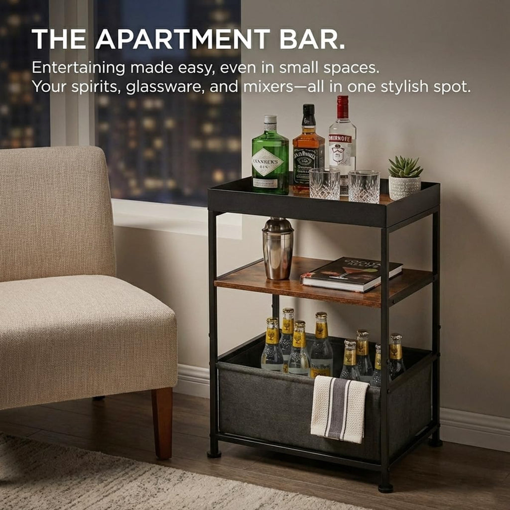 Industrial Narrow Side Table with Storage, 3 Tier End Table with Fabric Bin & Tray Top for Living Room, Narrow Nightstand Slim Bedside Table for Bedroom, Small Spaces, Rustic Brown