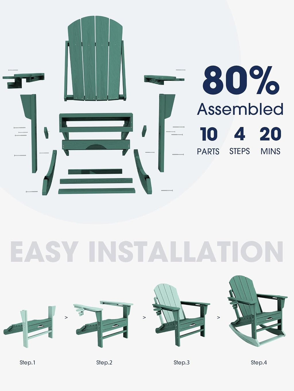 KINGYES Adirondack Rocking Chair with Retractable Ottoman and Cup Holders, HDPE Adirondack Rocker Patio Rocking Chair for Porch, Patio, Balcony, Leaf Green