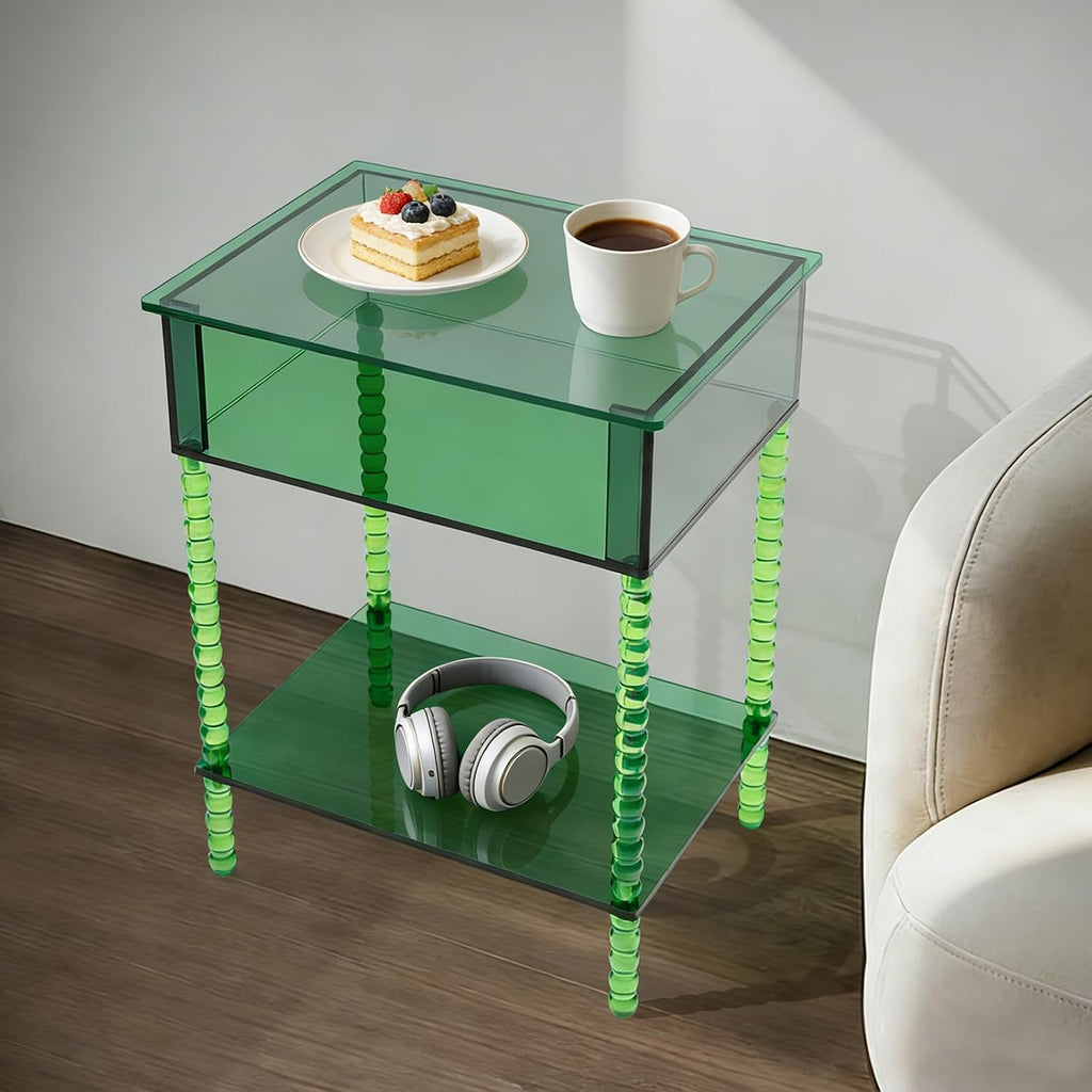 3 Tier Side Table, Acrylic End Table with Storage Shelf, Floorstanding Nightstand for Small Space, Bedside Table, Console Table for Bedroom, Living Room, Office(Green)