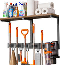 Supforce Broom Holder Wall Mount with Top Wooden Shelf, Heavy Duty Metal Cleaning Supplies Broom Hanger with Vacuum Organizer and 5 Slots & 5 Hooks for Laundry Garage Tool Storage Kitchen (Large)