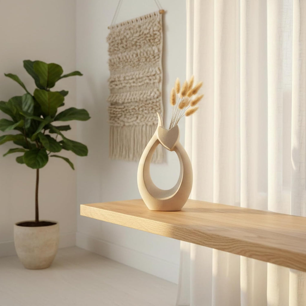 10" Ceramic Vase for Decor - Cute Abstract Cat Statue with Sandstone Texture, Modern Minimalist Boho Flower Vase for Dried Pampas Grass, Unique Heart Shape Lover Gifts for Women, Beige