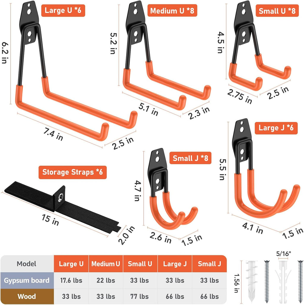 Heavy Duty Wall Mount Garage Hooks, 42-Pack | Hanging Storage for Bikes, Ladders, Hoses, Ropes, Garden Tools - For Warehouse, Workshop, Shed, Shop, Yard