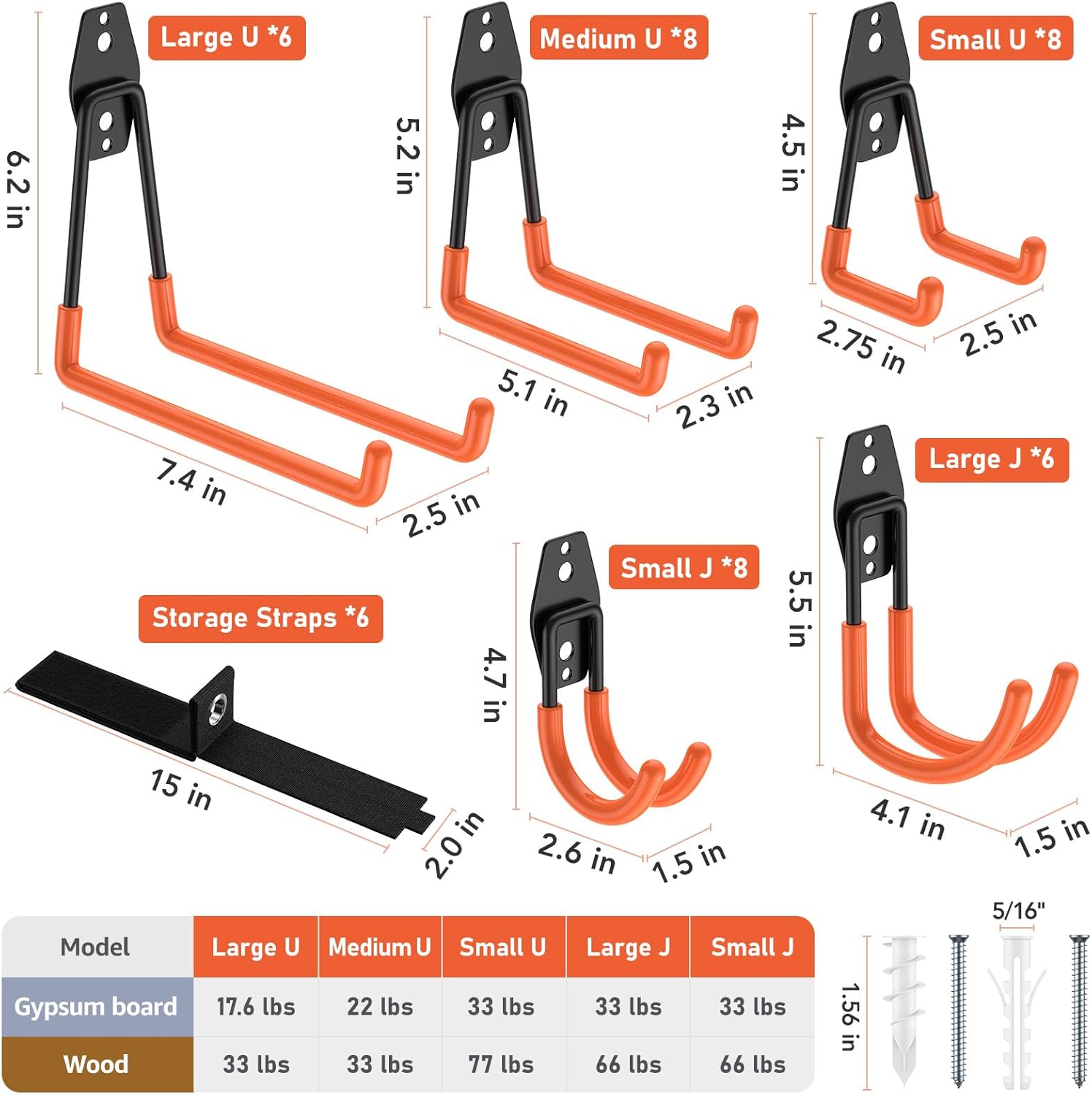 Heavy Duty Wall Mount Garage Hooks, 42-Pack | Hanging Storage for Bikes, Ladders, Hoses, Ropes, Garden Tools - For Warehouse, Workshop, Shed, Shop, Yard