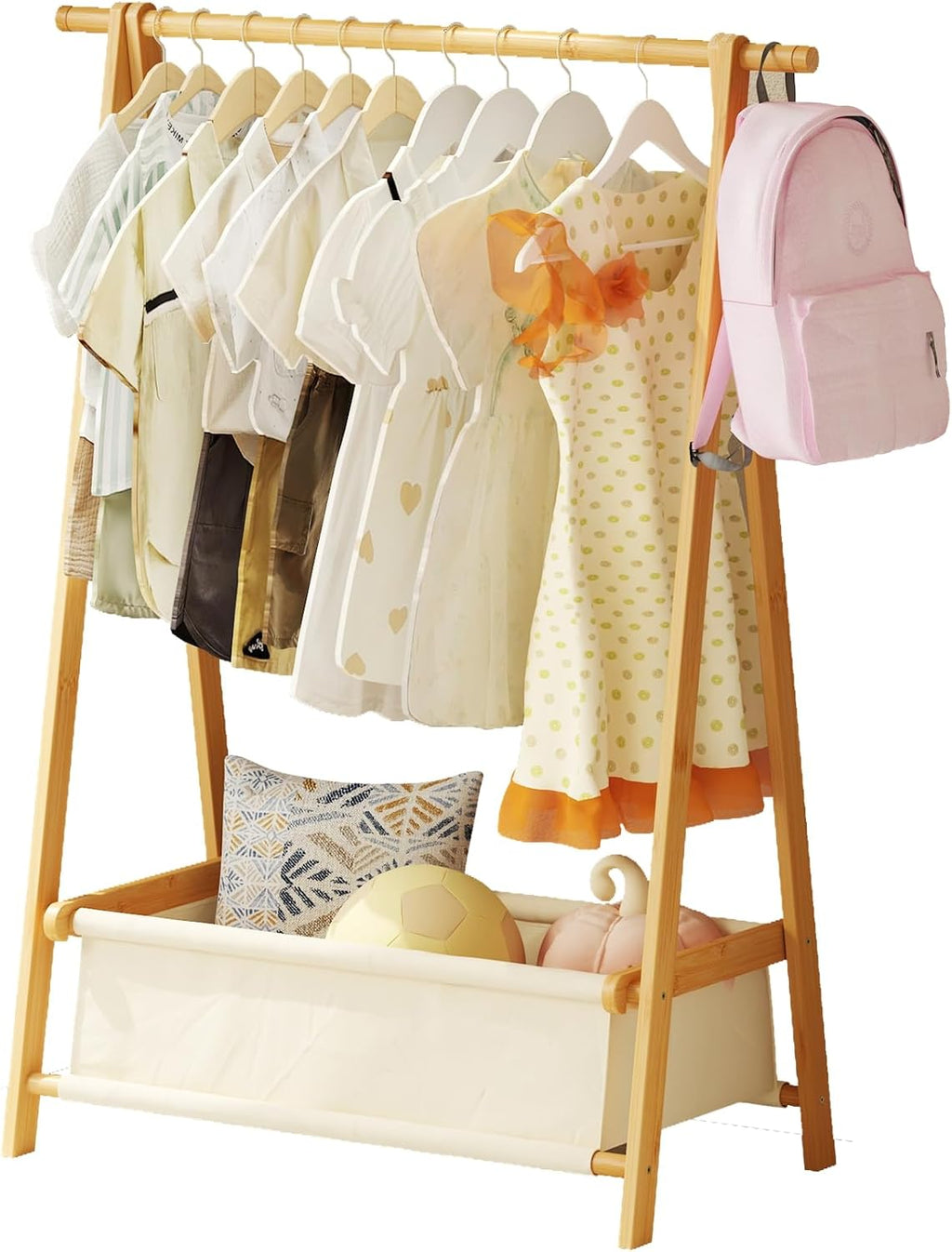 Dress Up Rack - Clothing Rack with Storage Box, Dress Up Storage, Small Foldable Bamboo Garment Stand with Hanging Rods, Dress Up Holder