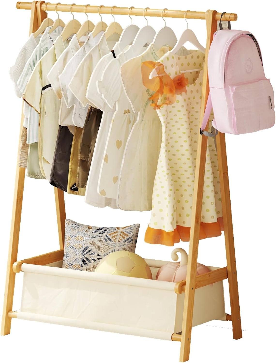Dress Up Rack - Clothing Rack with Storage Box, Dress Up Storage, Small Foldable Bamboo Garment Stand with Hanging Rods, Dress Up Holder