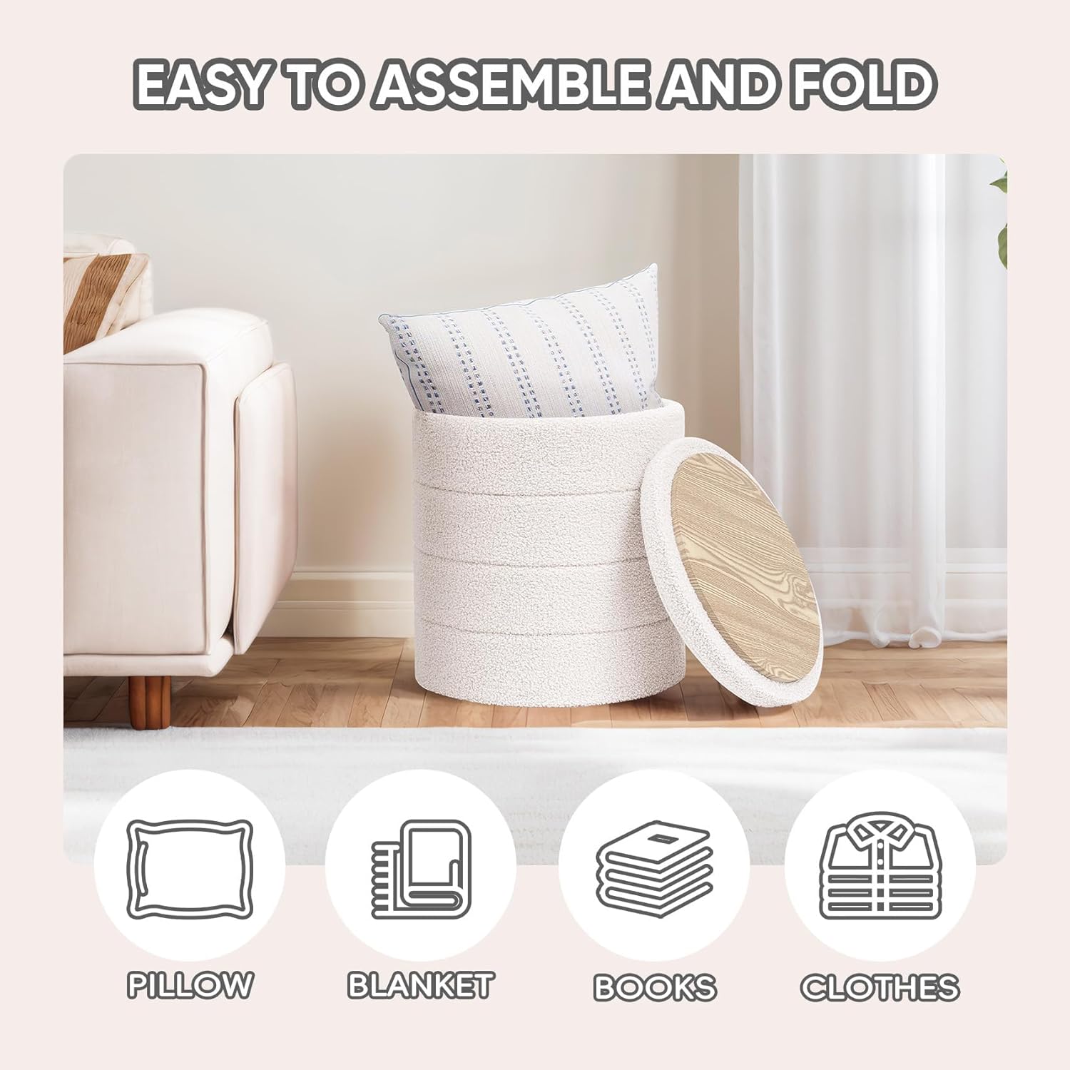 PINPLUS Round Storage Ottoman Foot Rest Stool with Tray Velvet Sherpa Folding Storage Ottoman,Boucle Foot Rest for Living Room, Bedroom, Dorm（White）