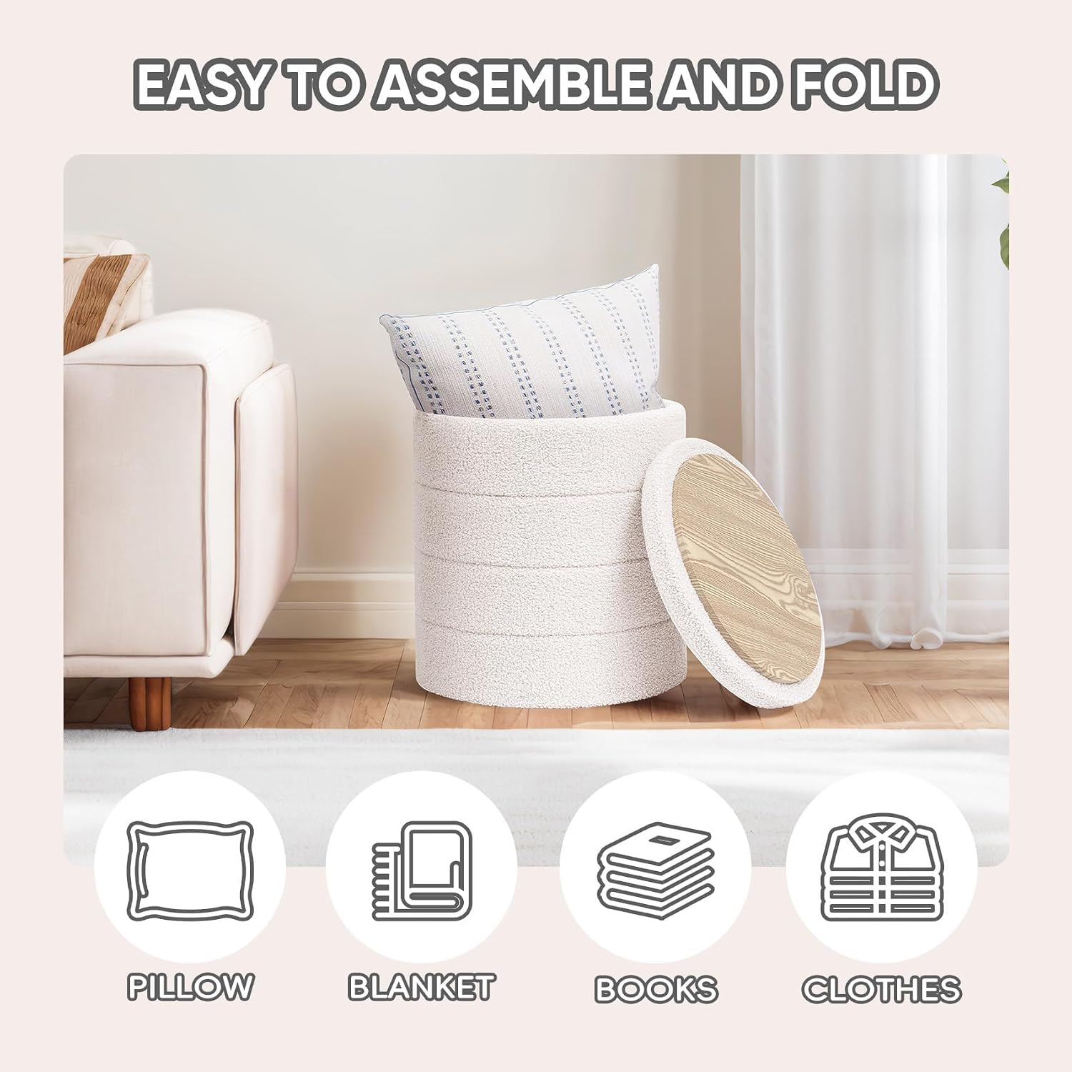 PINPLUS Round Storage Ottoman Foot Rest Stool with Tray Velvet Sherpa Folding Storage Ottoman,Boucle Foot Rest for Living Room, Bedroom, Dorm（White）