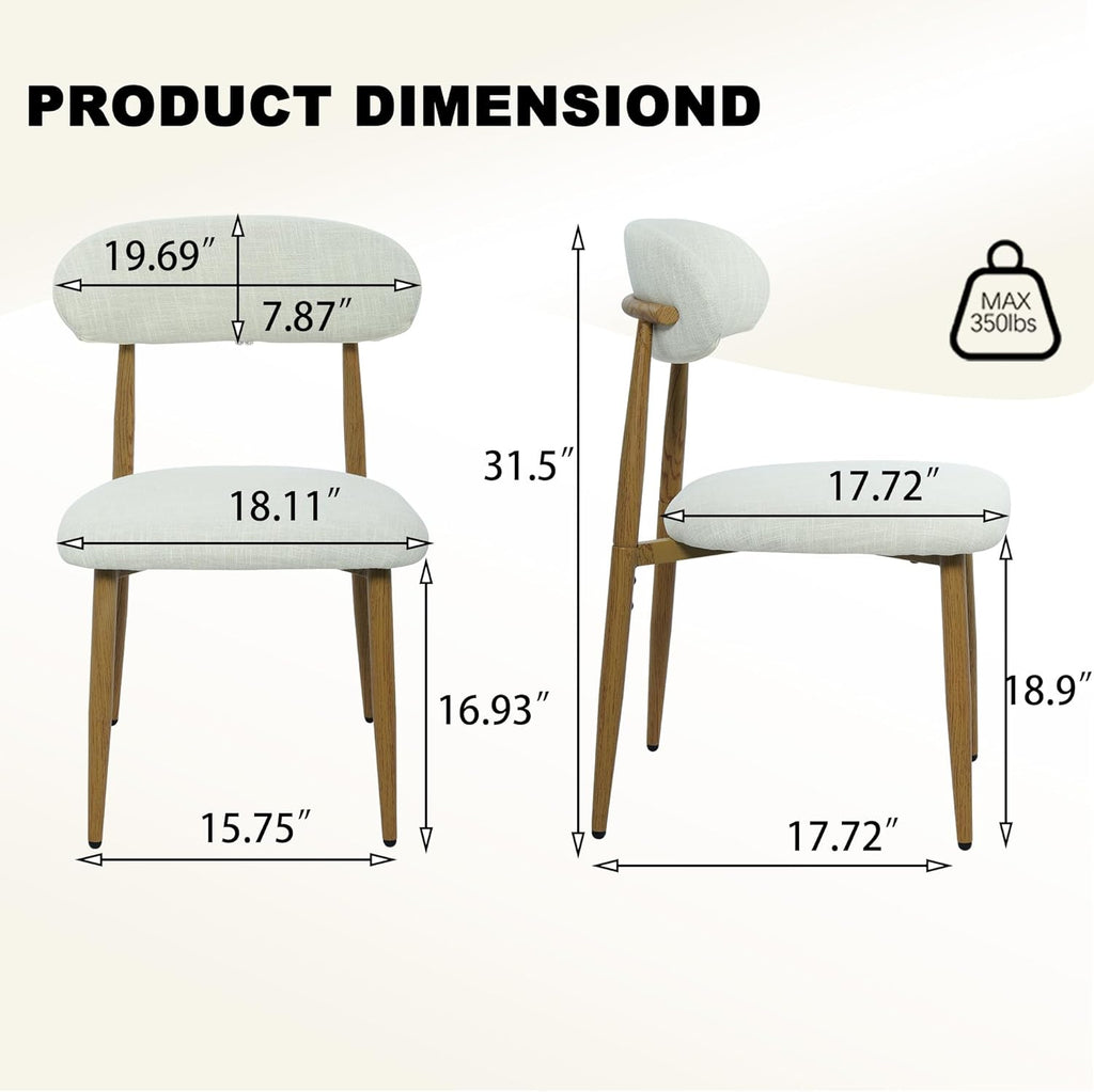 FREKEN Modern Upholstered Dining Chairs Set of 2, Mid-Century Metal Frame with Wood Grain, Linen Fabric Side Chair for Kitchen Dining Room, 350lbs Capacity, Beige