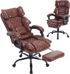 Reclining Ergonomic Executive Office Chair With Footrest, 400lbs Big Tall Recliner Desk Chairs with Lumbar Support, Heavy Duty High Back Vintage Leather Home Computer Chair with Wheels, Brown