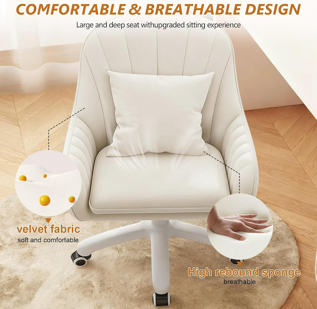 JPBSTO Upholstered Desk Chair with Pillow Swivel Rolling Accent Chair for Women Girls, Adjustable Height Vanity Chair with Wheels for Living Room, Home Office, Cream