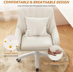 JPBSTO Upholstered Desk Chair with Pillow Swivel Rolling Accent Chair for Women Girls, Adjustable Height Vanity Chair with Wheels for Living Room, Home Office, Cream