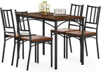 Dining Table Set for 4, Industrial Kitchen Table Set with 4 Upholstered Chairs, Metal Table and Chairs Set for Kitchen, Dining Room, Living Room, Walnut