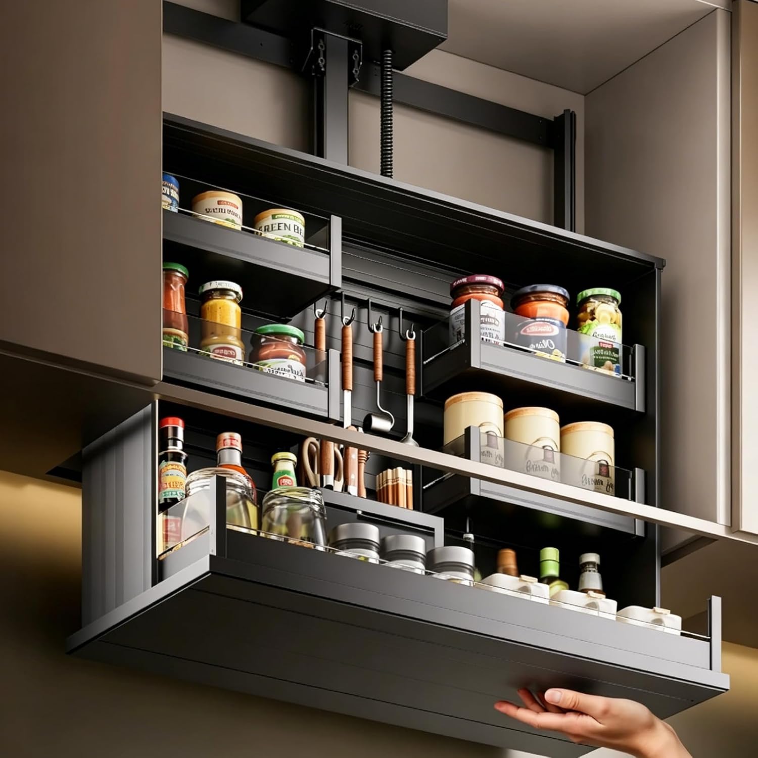 18" Touch Switch Motorized Cabinet Organizer, Electric Pull Down Shelf for Upper Cabinets, Anti-Collision Spice Rack,Smart Kitchen and Pantry Organization 18" Width Cabinet