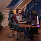 Computer Gaming Chair with Footrest, Ergonomic High Back PU Leather Video Racing Chair with Adjustable Headrest & Linkage Armrest, for Office and Home, Adults, Grey