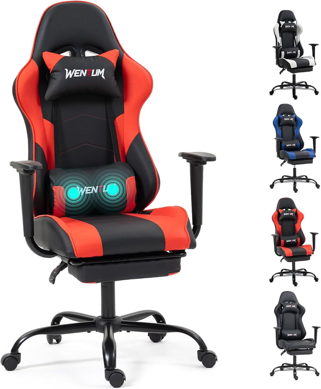 Gaming Chair with Footrest, Ergonomic PC Desk Chair with Headrest and Massage Lumbar Support, Video Game Chair with Height Adjustable High Back for Home Office, PU Leather, Red