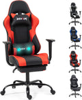 Gaming Chair with Footrest, Ergonomic PC Desk Chair with Headrest and Massage Lumbar Support, Video Game Chair with Height Adjustable High Back for Home Office, PU Leather, Red