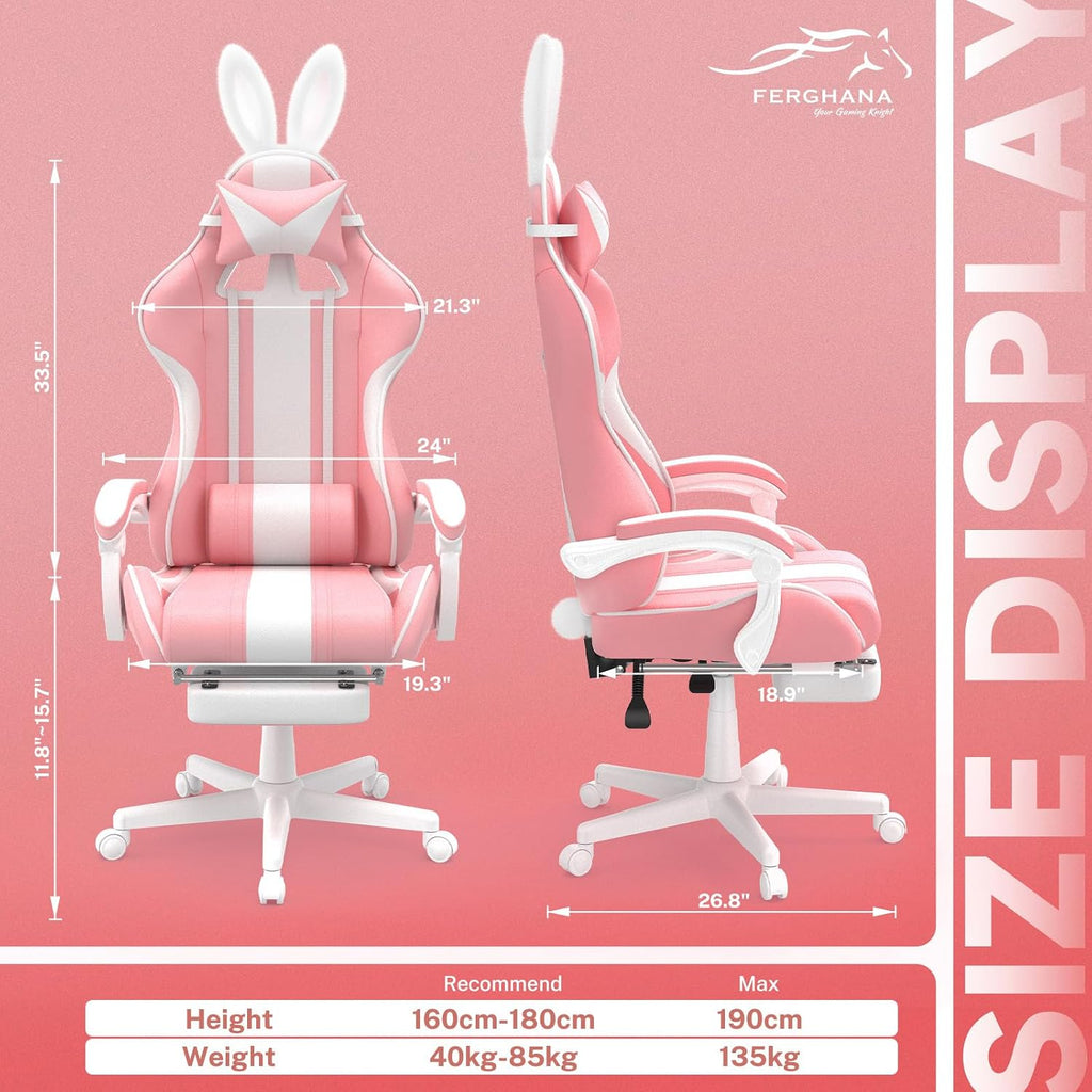 Ferghana Kawaii Bunny Ears Gaming Chair, Cute Gamer Chair with Footrest and Massage, Leather Ergonomic Computer Game Chair for Girls Adults Teens Kids Pink