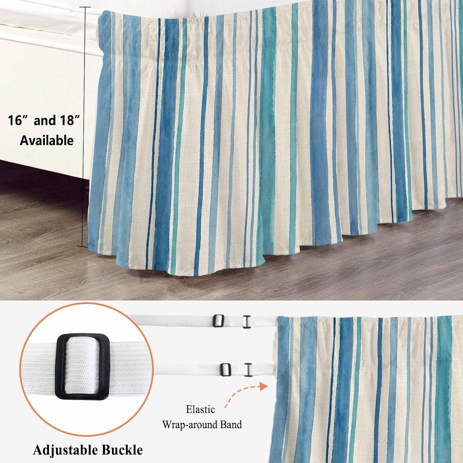 Vintage Blue Teal Striped Bed Skirt Queen Size 16 Inch Drop, Wrap Around Bed Skirts, Farmhouse Stripes Retro Art Elastic Bedskirt Pleated Bed Frame Cover Luxurious Dust Ruffle for Queen Bed