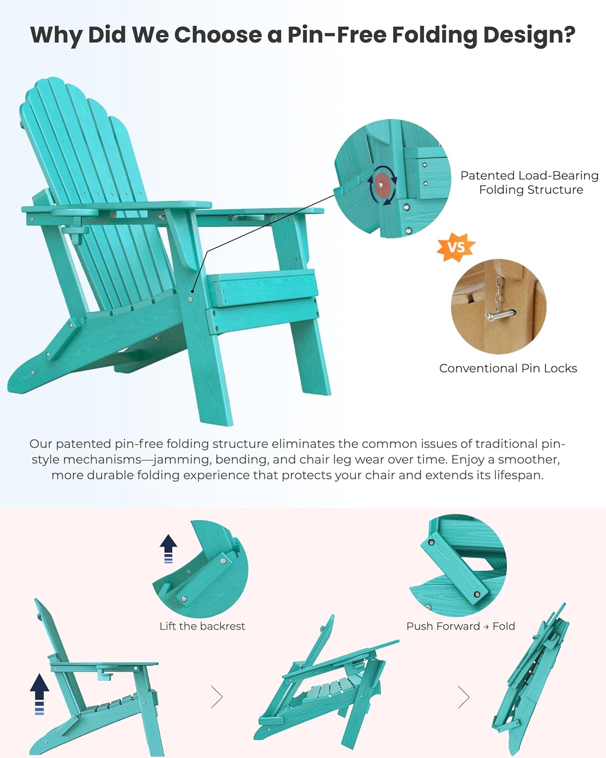Folding Adirondack Chair with Dual Cup Holders, Ergonomic High Back HDPE Fire Pit Chair, 380lbs Capacity All-Weather Outdoor Patio Lounge Chair for Garden, Deck, Yard - Aruba Blue