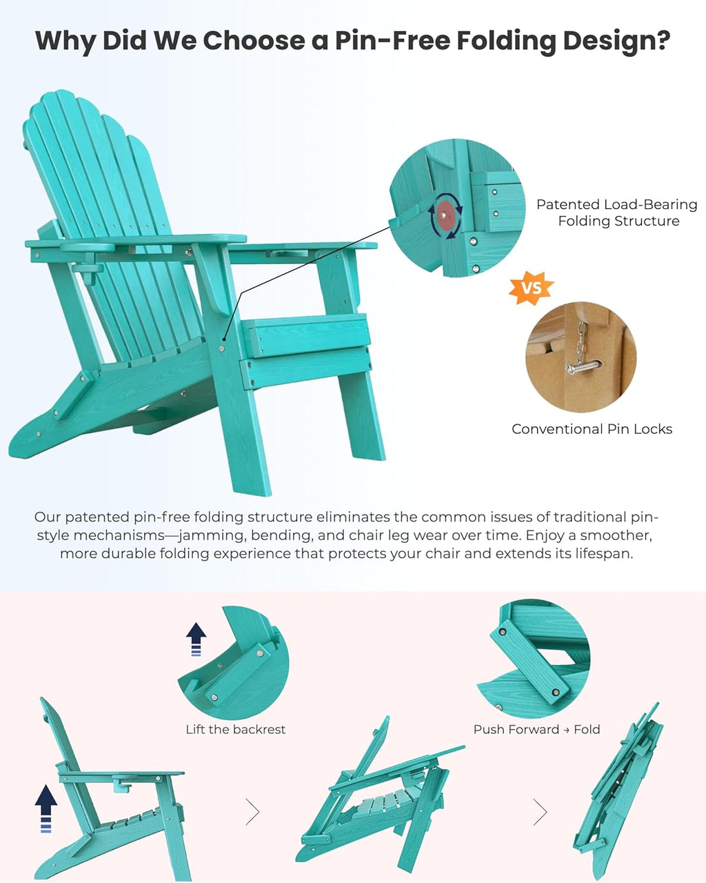 Folding Adirondack Chair with Dual Cup Holders Set of 2, Ergonomic High Back Fire Pit Chair,HDPE All-Weather Outdoor Patio Chair for Garden, Deck,Aruba Blue