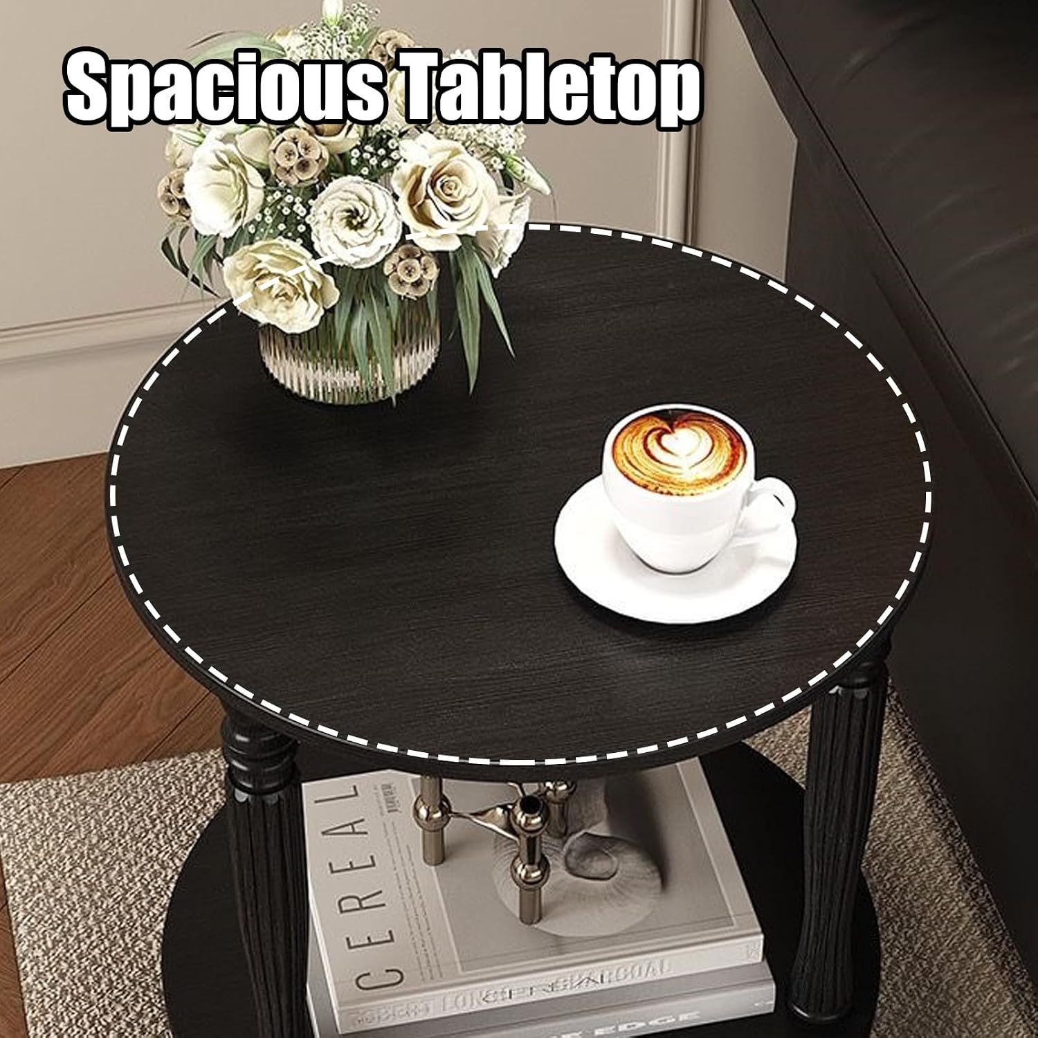 Round Side Table with Roman Column Legs, 2 Tier Sofa End Table with Storage,Accent Solid Wood End Tables,Small Circle Corner Tables for Living Room, Bedroom,50cm