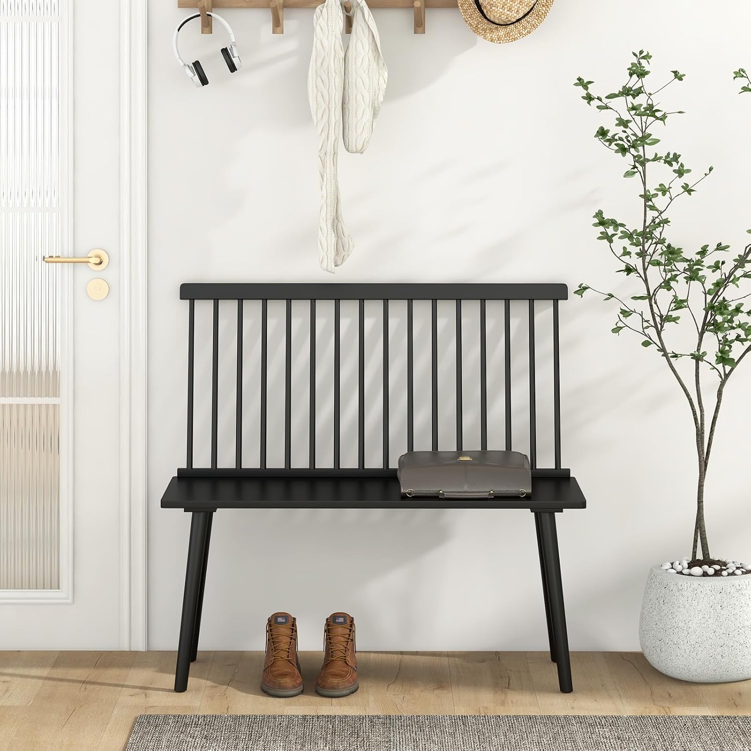 Giantex Dining Bench with Back, Black Windsor Bench with Spindle Back & Anti-Slip Foot Pads, Farmhouse Rubber Wood Dining Bench, Indoor Wooden Entryway Bench for Living Room, Dining Room, Hallway
