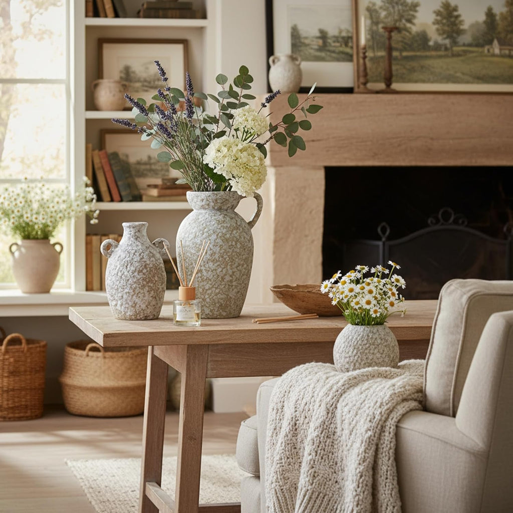 Modern Rustic Farmhouse Ceramic Vase Set of 3, Handmade Speckled Pottery Vases for Table Decor, Small Decorative Vase Centerpiece for Living Room, Mantel & Shelf Styling