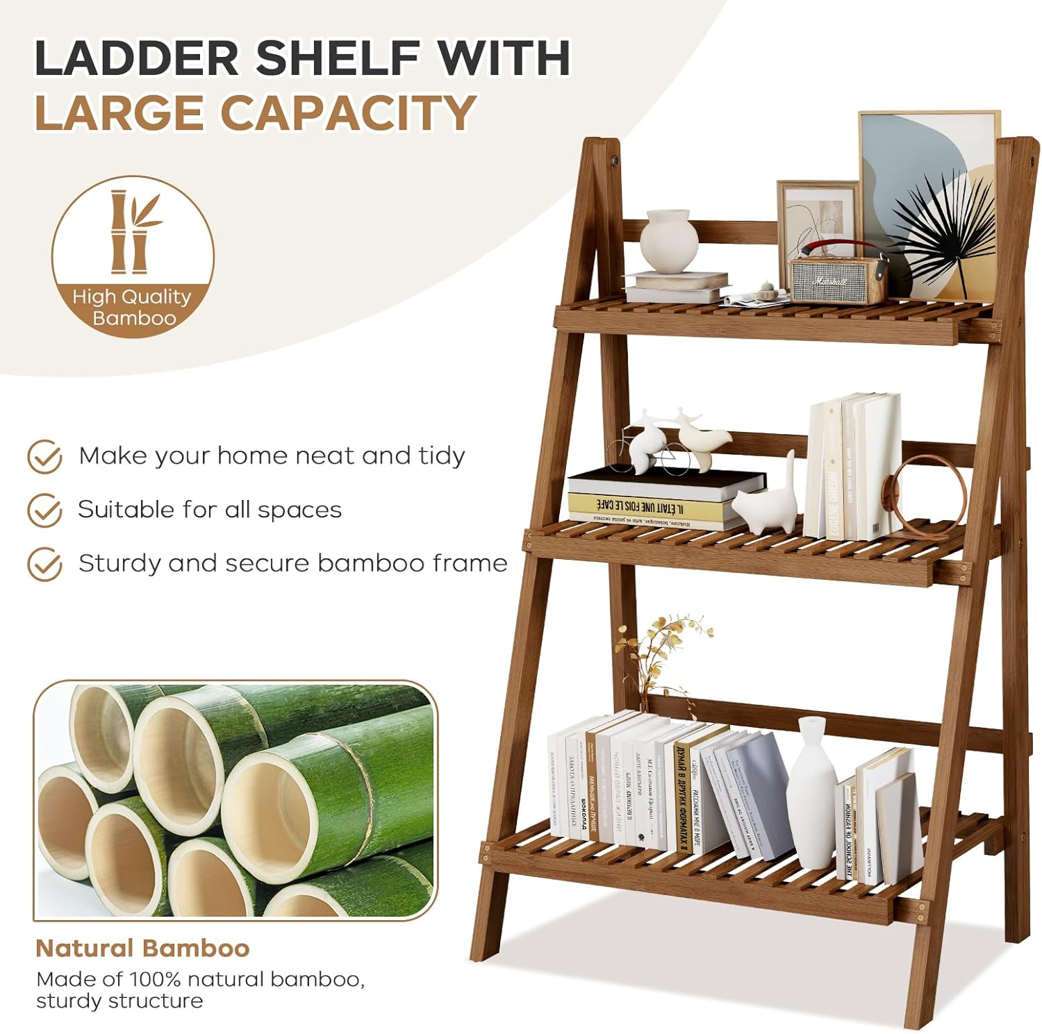 Bamboo Ladder Shelf 3-Tier Foldable Plant Stand, 23.6"W x 15"D x 39.4"H Freestanding Flower Pot Display Rack for Garden, Balcony, Patio, or Living Room, Walnut