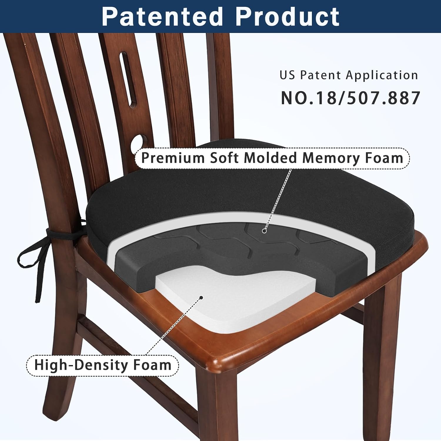 GOFORIT Dining Chairs Cushions, Memory Foam Kitchen Chair Pads with Ties and Washable Cover, Seat Cushions for Indoor Dining Room, 16.5'' x 16'', Set of 4, Black