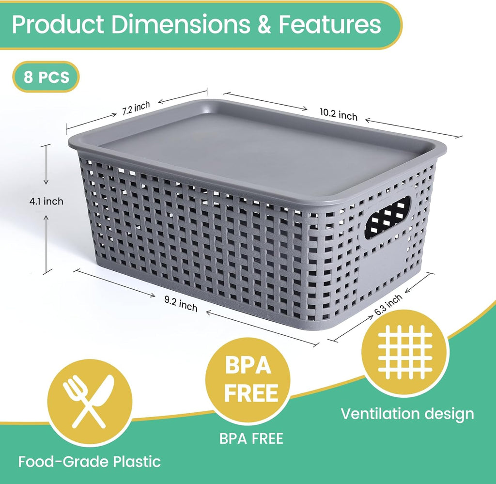 Plastic Storage Baskets with Lid-Plastic Storage Containers Stackable Storage bins: Storage Baskets for Organizing Shelves Drawers Desktop Closet Playroom Classroom Office,8 Pack-Gray10.2x7.2x4.1Inch