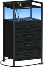 Furnulem Night Stand with Charging Station,LED,Tall Bedside Table for Dorm | 4 Drawer Dresser for bedroom, with LED light & Remote Control, Fabric Bins and Metal Frame,Wood Desk Top,Easy Assemble,Black