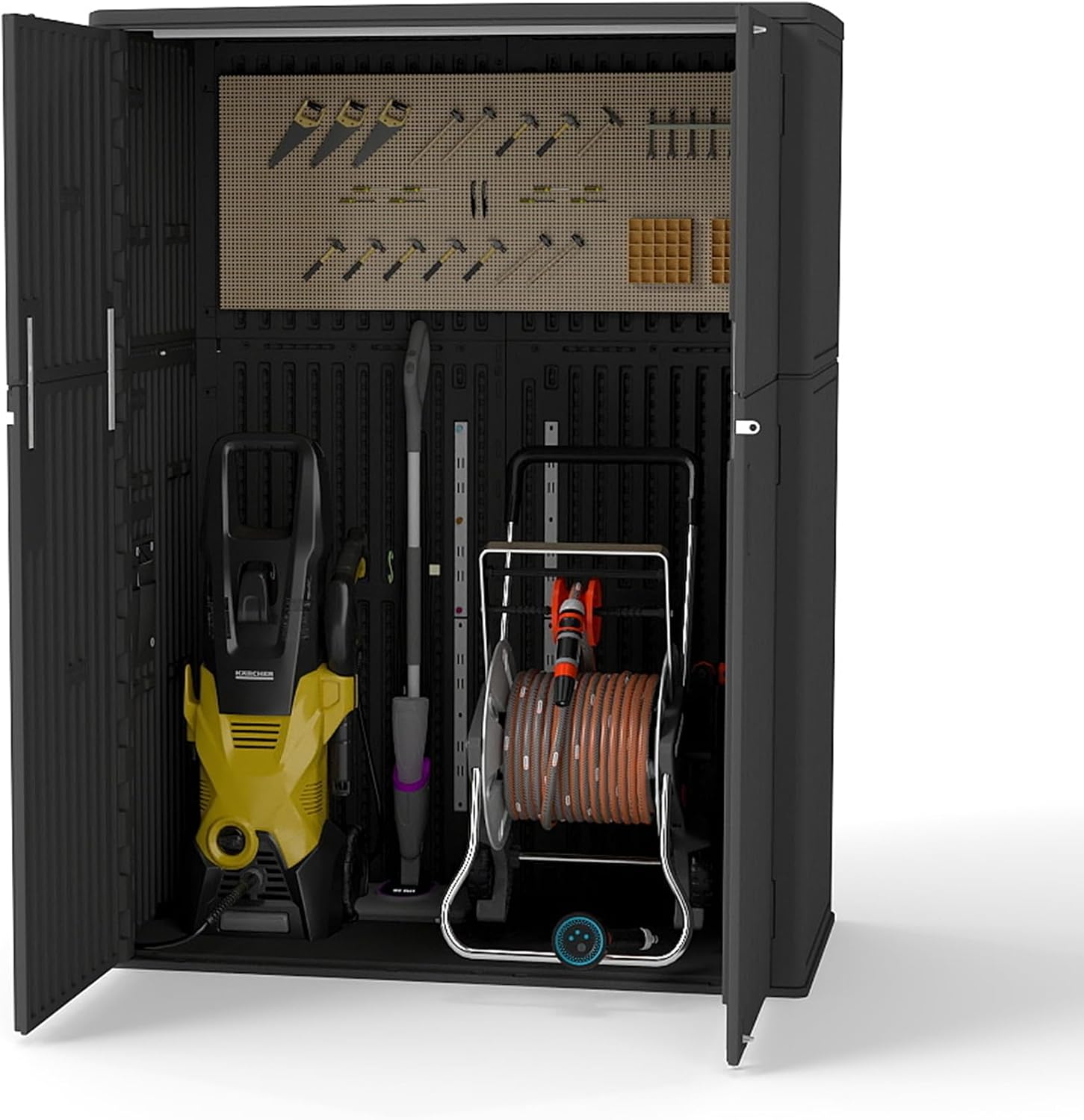 Multi-Function White Storage Tower, Sized 52x28x69 Inches - A Weatherproof Solution for Organizing Tall Tools and Equipment