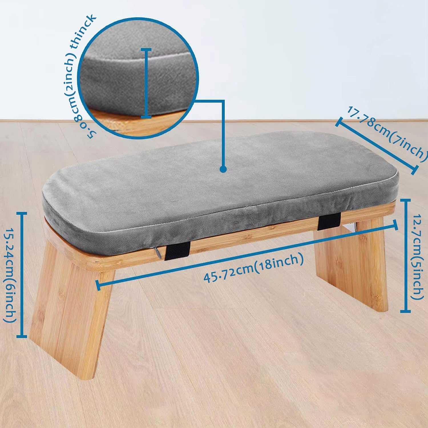 Adjustable Bamboo Meditation Bench with Carry Bag, Foldable Kneeling Yoga Stool, Removable Velvet Cushion, Ergonomic Prayer Seat for Meditation, Yoga, Prayer, Zen Practice (Gray-blue1)